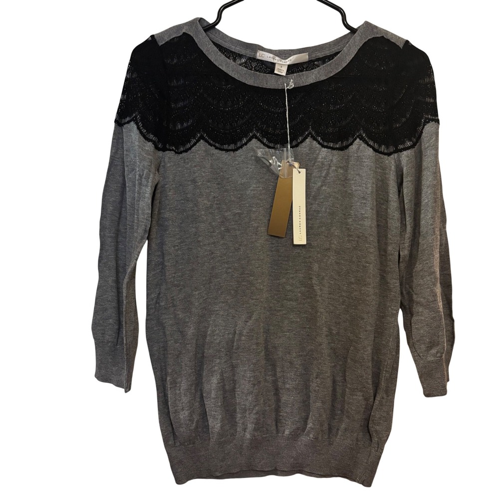 Laura Conrad‎ Women's Sweater Top Small NWT 3/4 Sleeve Black Lace Detail